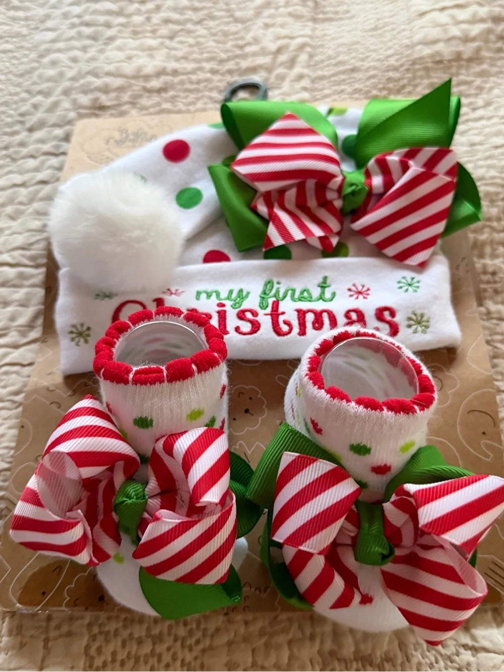 Baby Essentials Christmas Hat & Booties Set - Green, Red, White